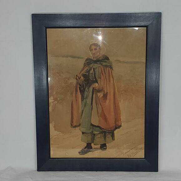 Vintage W.S. Satterlee Framed Art Print – Woman in Countryside Cloak Scene 14x18 - Picture 4 of 5
